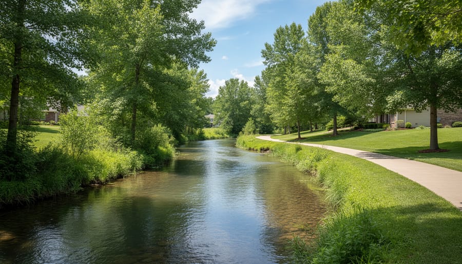 Mill Creek flowing near homes with trees and a calm riverside setting