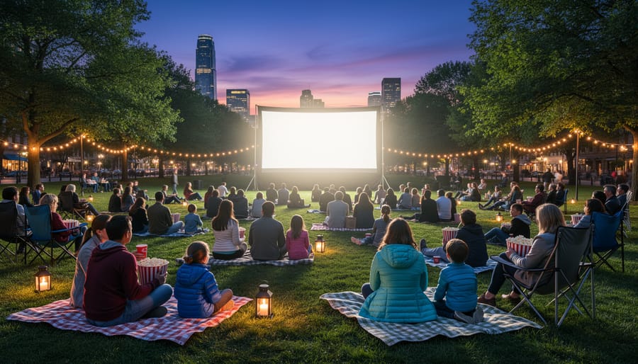 Outdoor movie screen glowing in a coastal park at twilight with projector light visible