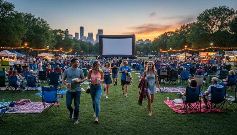 Families walking toward an outdoor movie seating area in a San Diego park as dusk approaches