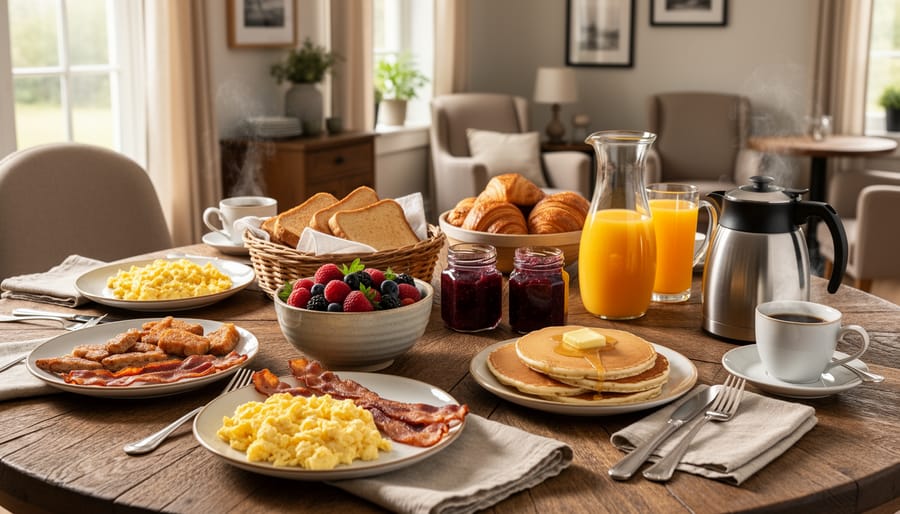 Homemade breakfast plate with French toast, fresh fruit, and coffee served at a table in a bed and breakfast.