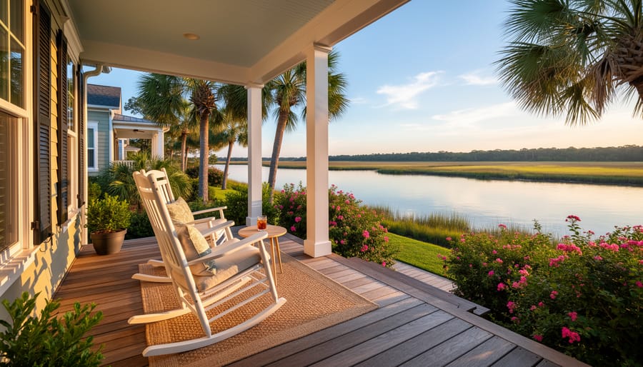 Exterior view of a riverside bed and breakfast with porch landscaping and calm river in the background.