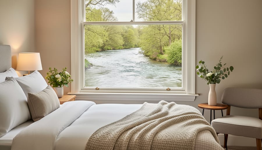 Bright riverside bed and breakfast guest room with a neatly made king bed and window view of calm water.