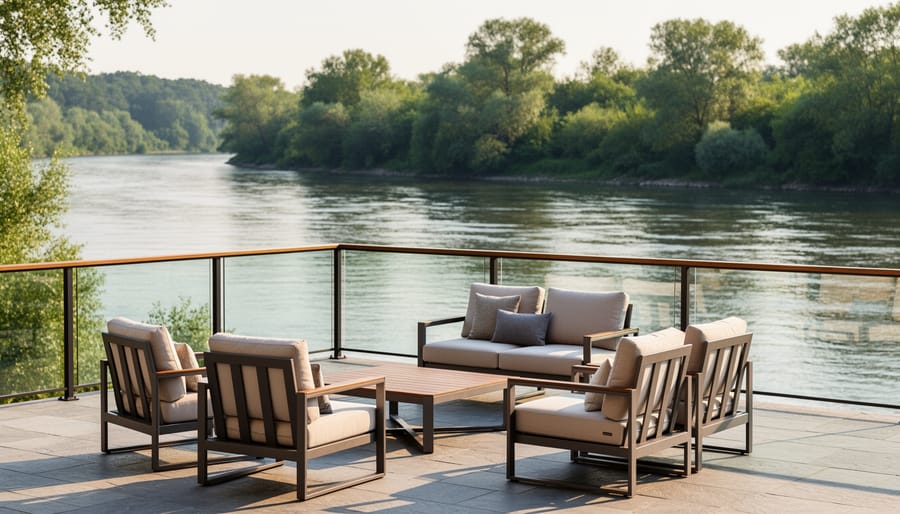 Outdoor patio seating with garden greenery and a view toward the river at a riverside bed and breakfast.