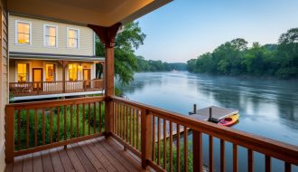 “View from a riverside bed & breakfast porch showing a dock and a moored kayak on the Arkansas River with warm house windows in the background.”