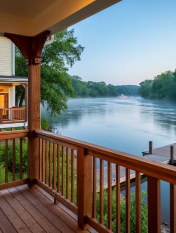 “View from a riverside bed & breakfast porch showing a dock and a moored kayak on the Arkansas River with warm house windows in the background.”