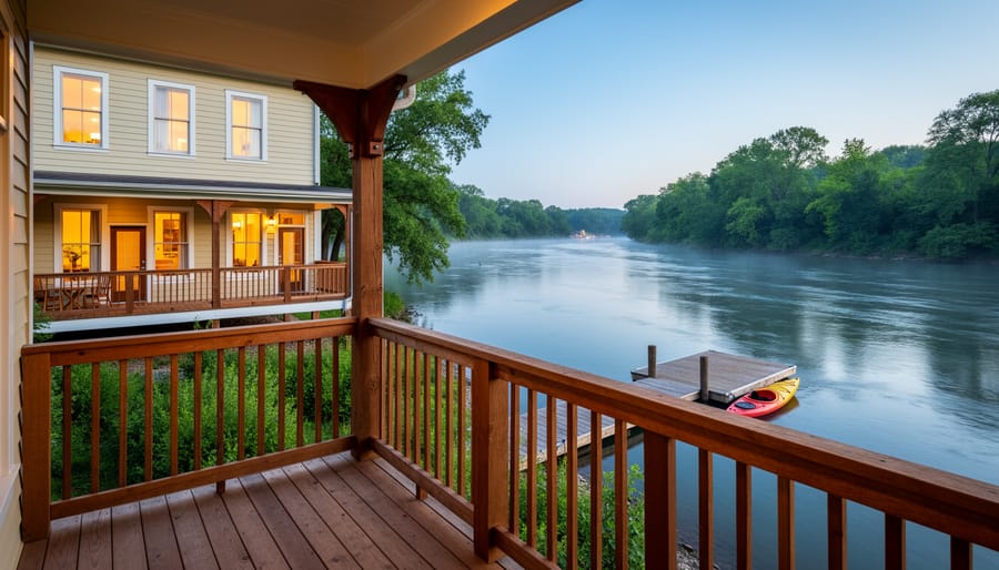 “View from a riverside bed & breakfast porch showing a dock and a moored kayak on the Arkansas River with warm house windows in the background.”