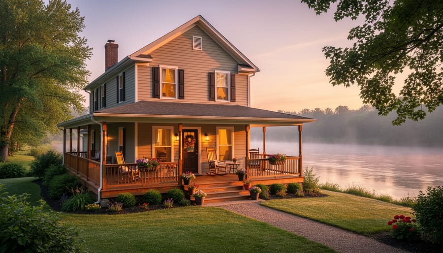 Riverside Bed & Breakfast exterior with porch seating beside a river at sunrise.