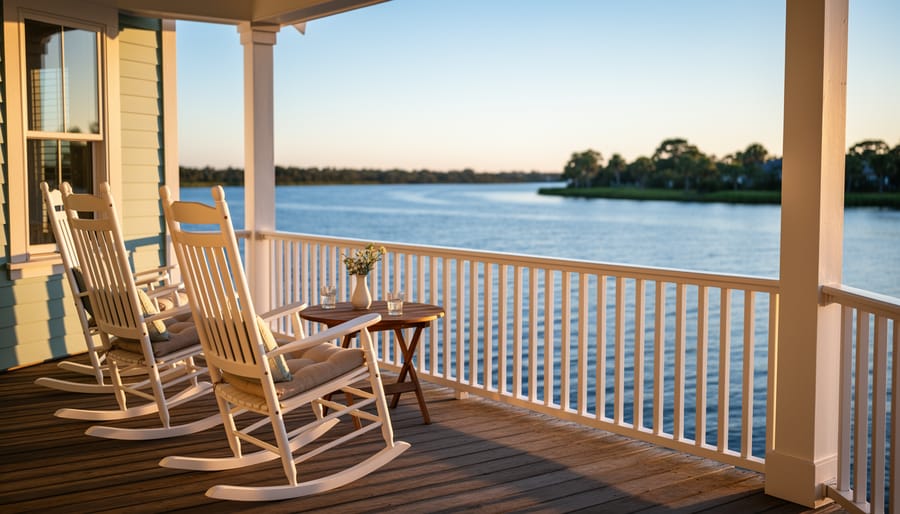 Rocking chairs on a riverside bed & breakfast porch overlooking the calm Manatee River in Palmetto, Florida at golden hour.