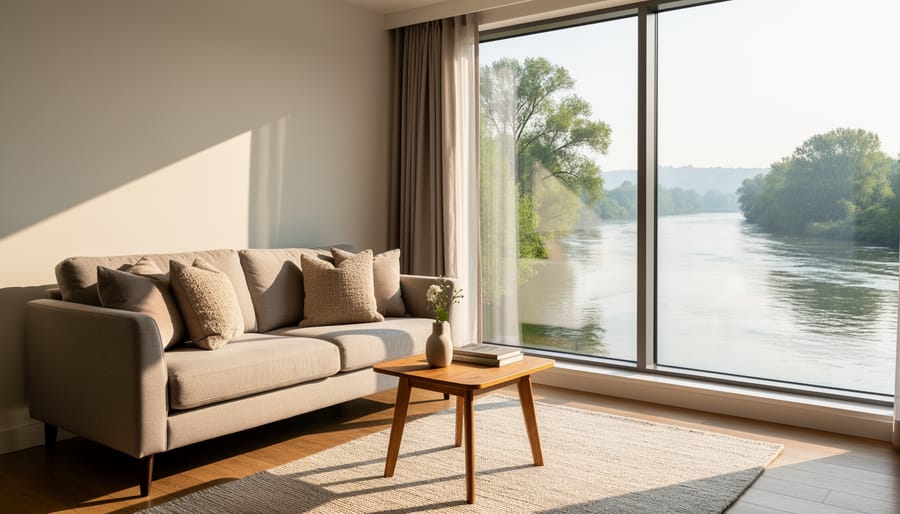 The Riverside Suite bed with warm sunlight and a window view of the river.