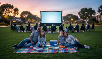 A family sits on blankets and folding chairs watching an outdoor movie on a glowing screen in a San Diego park at dusk.