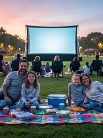 A family sits on blankets and folding chairs watching an outdoor movie on a glowing screen in a San Diego park at dusk.