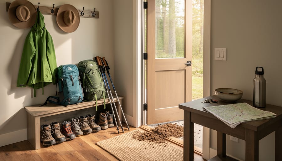 Trailside Room with duffel bag, outdoor gear, and cozy bed in warm sunlight.